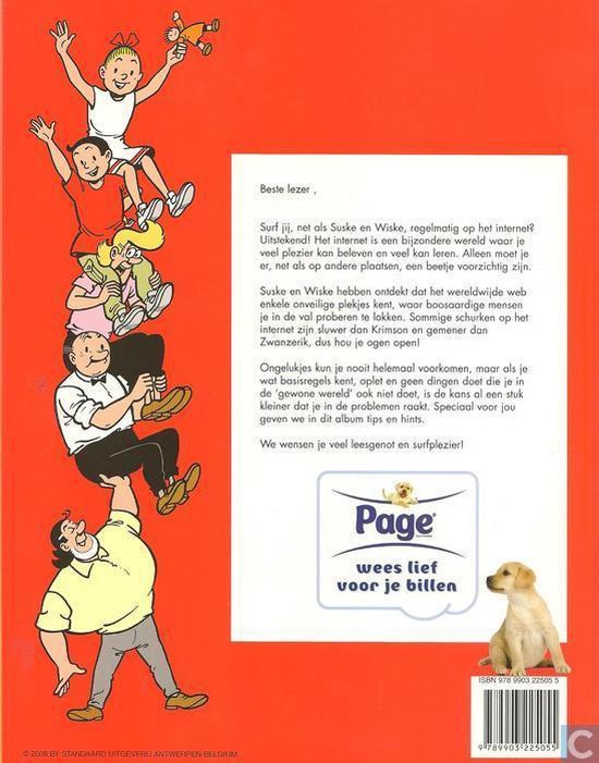 Suske en Wiske springen op een rode achtergrond, met een hondje en advertentie voor Page.