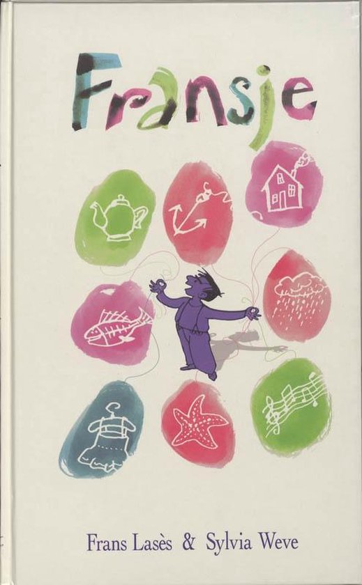 Boek 'Fransje' met gekleurde letters. Een paars figuurtje is verbonden met ovalen met illustraties: theepot, anker, huisje, vis, regenwolk, jurk, zeester, muzieknoot.