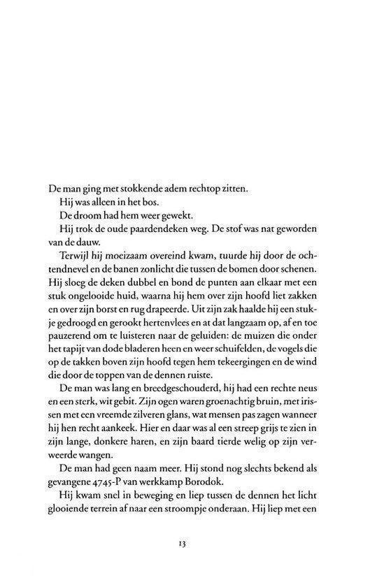Pagina met tekst en een illustratie van een bos met een man die gebogen staat.