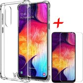 Hoesje geschikt voor Samsung Galaxy A50 - Anti Shock Proof Siliconen Back Cover Case Hoes Transparant - Tempered Glass Screenprotector