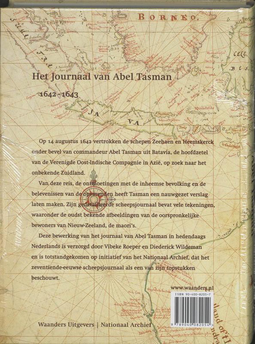 Boek "Het Journaal van Abel Tasman 1642-1643" met tekst en een kaart van Zuidoost-Azië en Australië.
