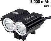 SolarStorm X2 MTB/race LED koplamp 2x CREE T6 LED klein maar EXTREEM veel licht - USB aansluiting - met 5.000mAh LiPo powerbank - Zwart