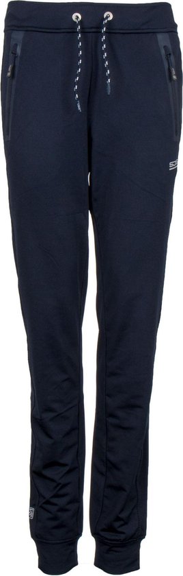 Donkerblauwe joggingbroek met trekkoord en ritszakken.