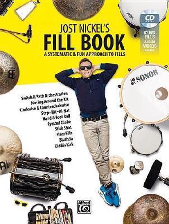 Jost Nickel's Fill Book avec un homme en veste bleue et pantalon gris entouré de batteries. Contient 67 fills MP3, 20 vidéos.