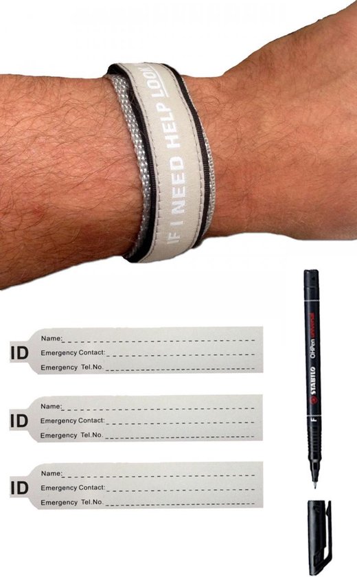 SOS ID armband - volwassenen - Grijs - met Pen en Reservekaartjes | bol.com
