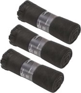 3x Fleece deken/plaid met franjes zwart 130 x 170 cm - Woondeken - Fleecedekens