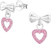 Joy|S - Zilveren hartje bedel oorbellen roze met strikje Swarovski