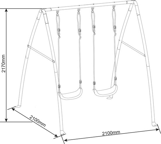 Dessin technique d'une balançoire double en métal anthracite avec sièges crème, avec dimensions.
