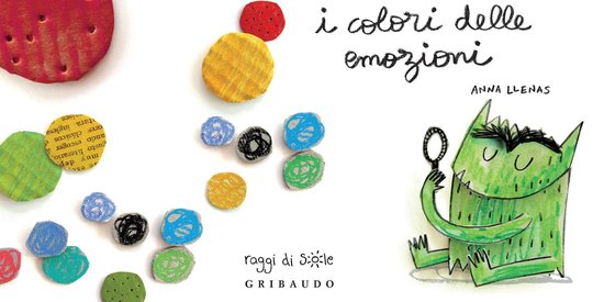 Boek 'i colori delle emozioni' met een groene monsterillustratie en ronde, gekleurde vormen.