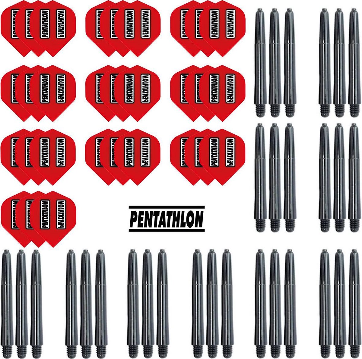 Dragon Darts - 10 sets (30 stuks) Pentathlon darts flights - super stevig - rood - incl. 10 sets (30 stuks) - medium - darts shafts - zwart