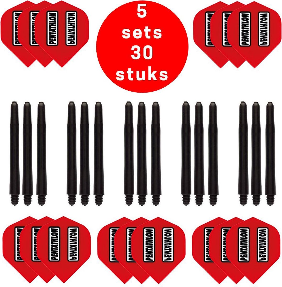 Dragon Darts - 5 sets (15 stuks) Pentathlon darts flights - super stevig - rood - incl. 5 sets (15 stuks) - medium - darts shafts - zwart