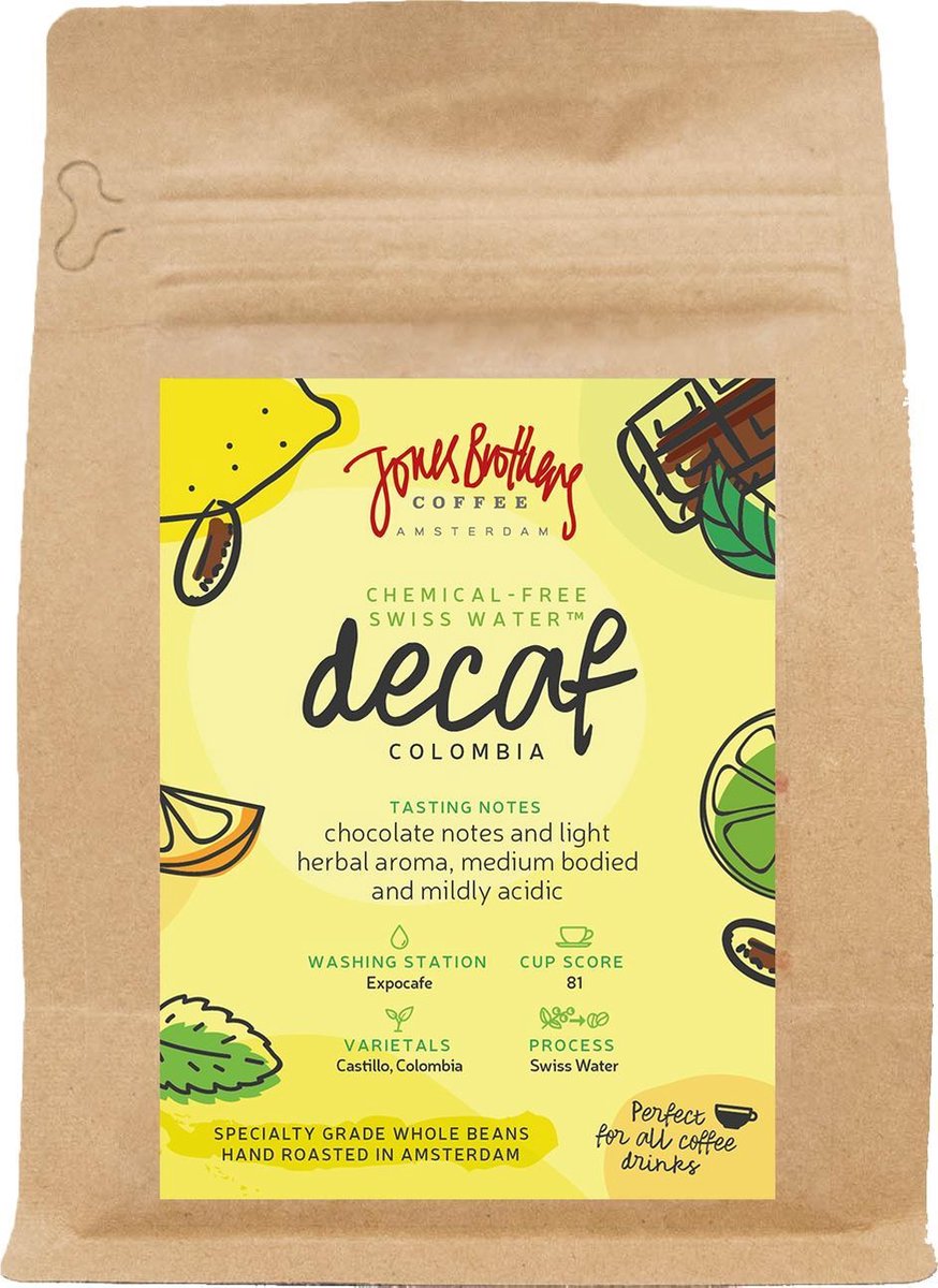 Jones Brothers Coffee Specialty Caffeinvrij Koffiebonen Colombia 2x 250gr Jones Brothers Coffee Specialty Caffeinvrij Koffiebonen Colombia 2x 250gr