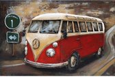 3D Metaalschilderij - Rode Volkswagen bus T1 Samba - 120 x 80 cm