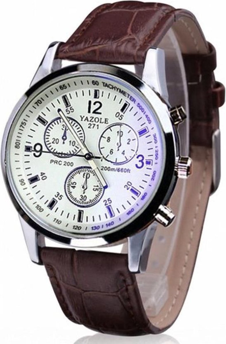 Yazole Luxe Heren horloge - DaVinciWatches - Bruin Lederen Band - Zilverkleurige Kast - Witkleurige Wijzerplaat - Type H -