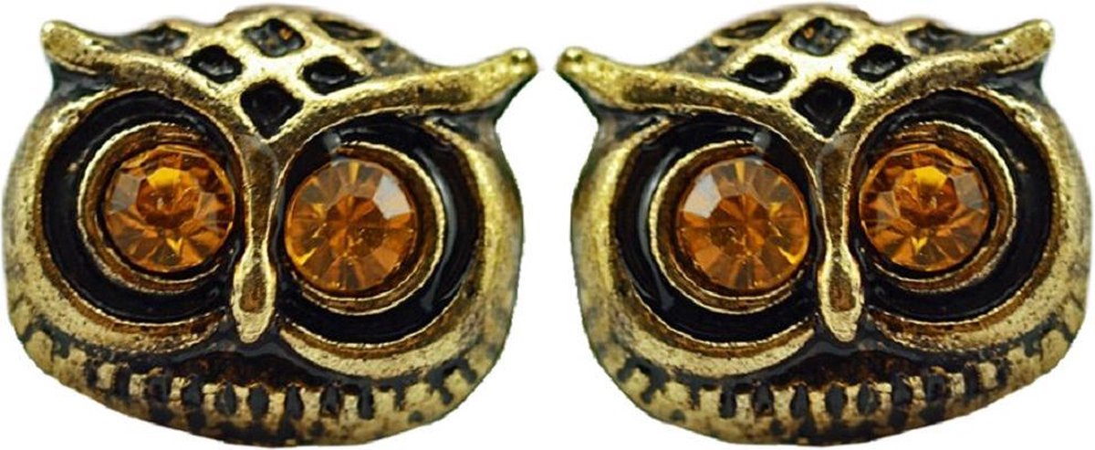 Rhylane –Uil Oorknopjes – Vintage Brons & Gele Steentjes - Fashion Oorbellen – Vrouwen – Oorbellen – 10 bij 9 mm