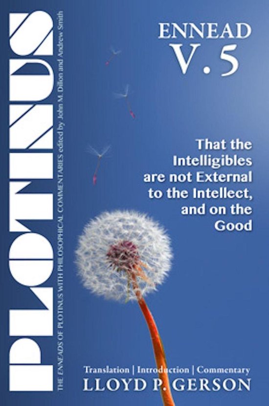 Boekomslag met een paardenbloem en vallende zaadjes tegen een blauwe achtergrond. Titel: PLOTINUS ENNEAD V.5