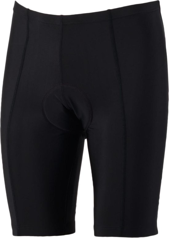 Voorkant van een zwarte fietsbroek met een gepolsterd kruis.