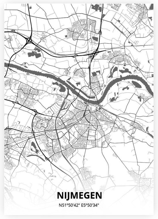 Nijmegen plattegrond - A4 poster - Zwart witte stijl