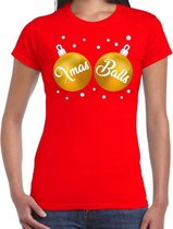 Fout kerst t-shirt rood met gouden Xmas balls borsten voor dames - kerstkleding / christmas outfit L