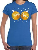 Fout kerst t-shirt blauw met gouden merry Xmas ballen borsten voor dames - kerstkleding / christmas outfit S