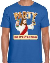 Fout kerst t-shirt blauw - party Jezus - Party like its my birthday voor heren - kerstkleding / christmas outfit S