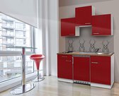 Goedkope keuken 150  cm - complete kleine keuken met apparatuur Luis - Wit/Rood - elektrische kookplaat  - koelkast          - mini keuken - compacte keuken - keukenblok met appara