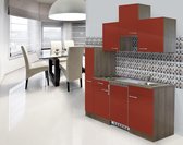 Goedkope keuken 180  cm - complete kleine keuken met apparatuur Oliver - Donker eiken/Rood - elektrische kookplaat  - koelkast          - mini keuken - compacte keuken - keukenblok