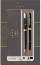 Parker Sonnet Duo geschenkset met balpen en vulpen (18-karaats gouden punt) | glanzend zwart met gouden trim | zwarte inktpatronen en navullingen