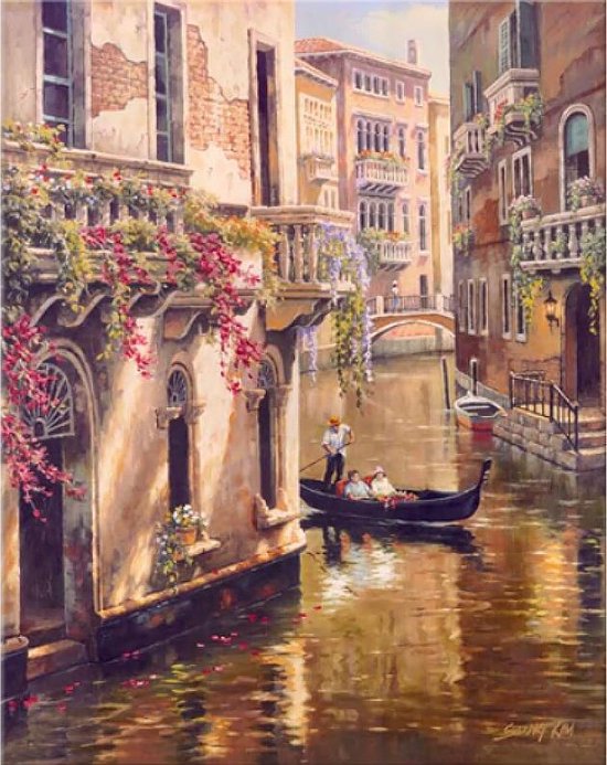 Canvas Schilderij * Venetië Stad en Gondel * - Kunst aan je Muur - Romantisch Realistisch - Kleur - 50 x 70 cm