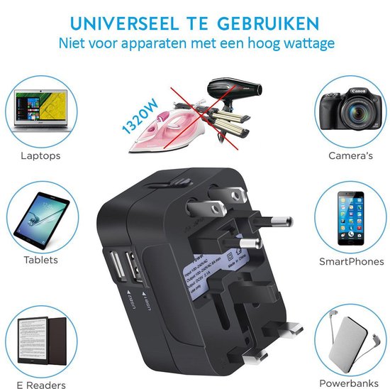Universele Wereldstekker met 2 USB Poorten Gymston - Universele reisstekker voor internationale reizen/ reisadapter voor 150+ landen - Engeland (UK) - Amerika (USA) - Australië - Azië - Zuid Amerika - Reis Adapter / Reisstekker / oplader - Zwart