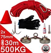 Vismagneet Set - 500 kg trekkracht (2x250kg) - Touw - Dreghaak - Handschoenen - Connector - Prikstok adapter - Schroefdraadborgmiddel - Beschermkap - voor Magneetneetvissen