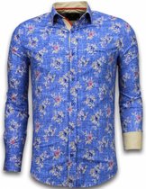 Italiaanse Overhemden - Slim Fit Overhemd - Blouse Woven Flowers Pattern - Blauw