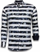 Italiaanse Overhemden - Slim Fit Overhemd - Blouse Big Stripe Camouflage Pattern - Wit