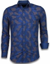Italiaanse Overhemden - Slim Fit Overhemd - Blouse Dotted Camouflage Pattern - Blauw