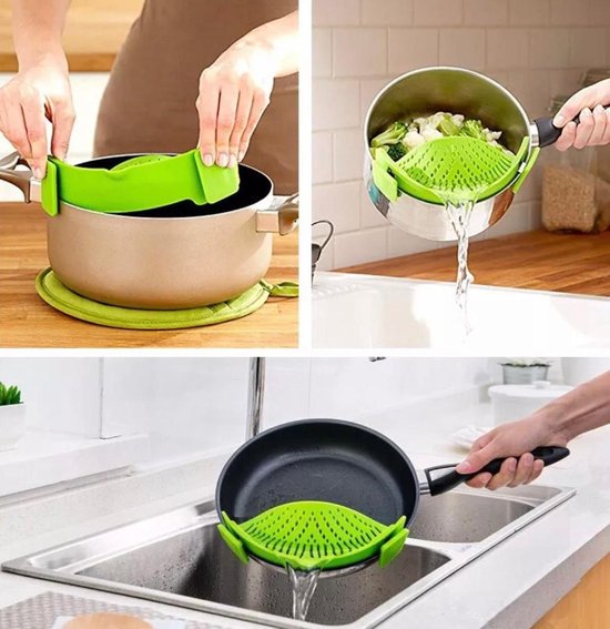 Siliconen Vergiet -  Afgieter - Veilig afgieten – Solide compacte keuken afgietdeksel - Afgiethulp - Clip aan Keuken zeef Groen