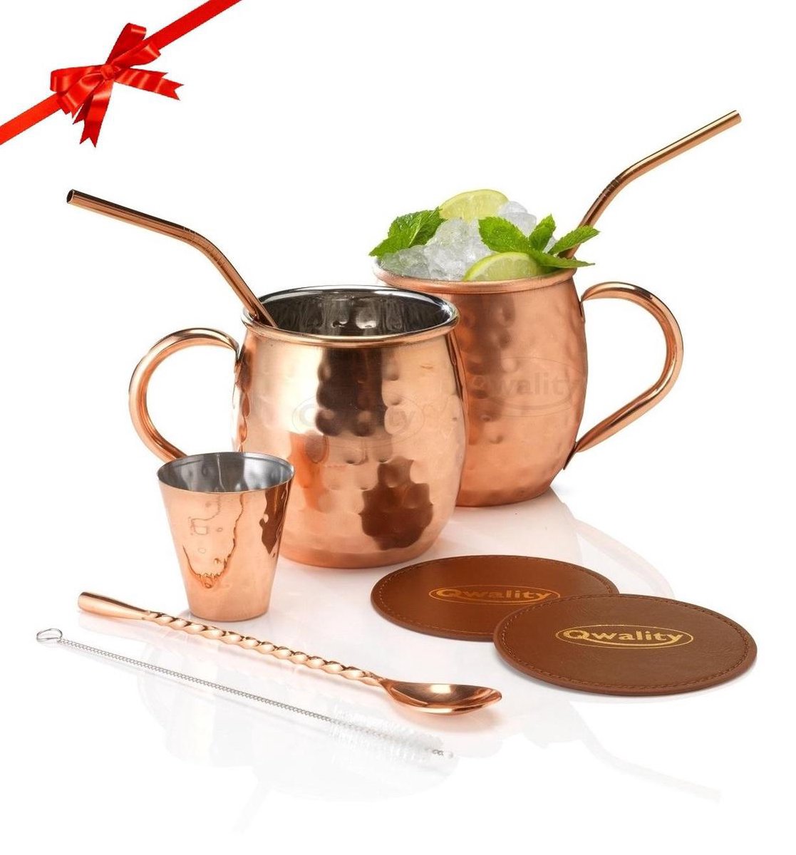 Luxe Moscow Mule Beker Set – Cocktail set - Inclusief 2 Heerlijke Mule Recepten - Kerstcadeau - Kerst Luxe Cadeau Man Vrouw - 500ml – Qwality