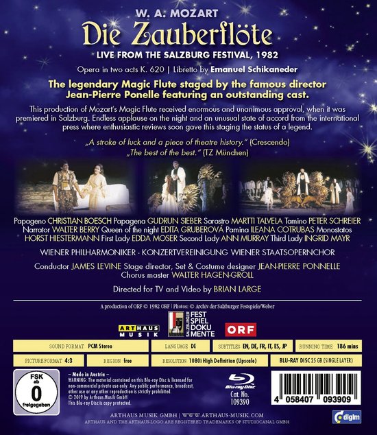 Bluray hoes van 'Die Zauberflöte' Live van Salzburg Festival, 1982. Titel en cast in het midden, orkest en dirigent onderaan.