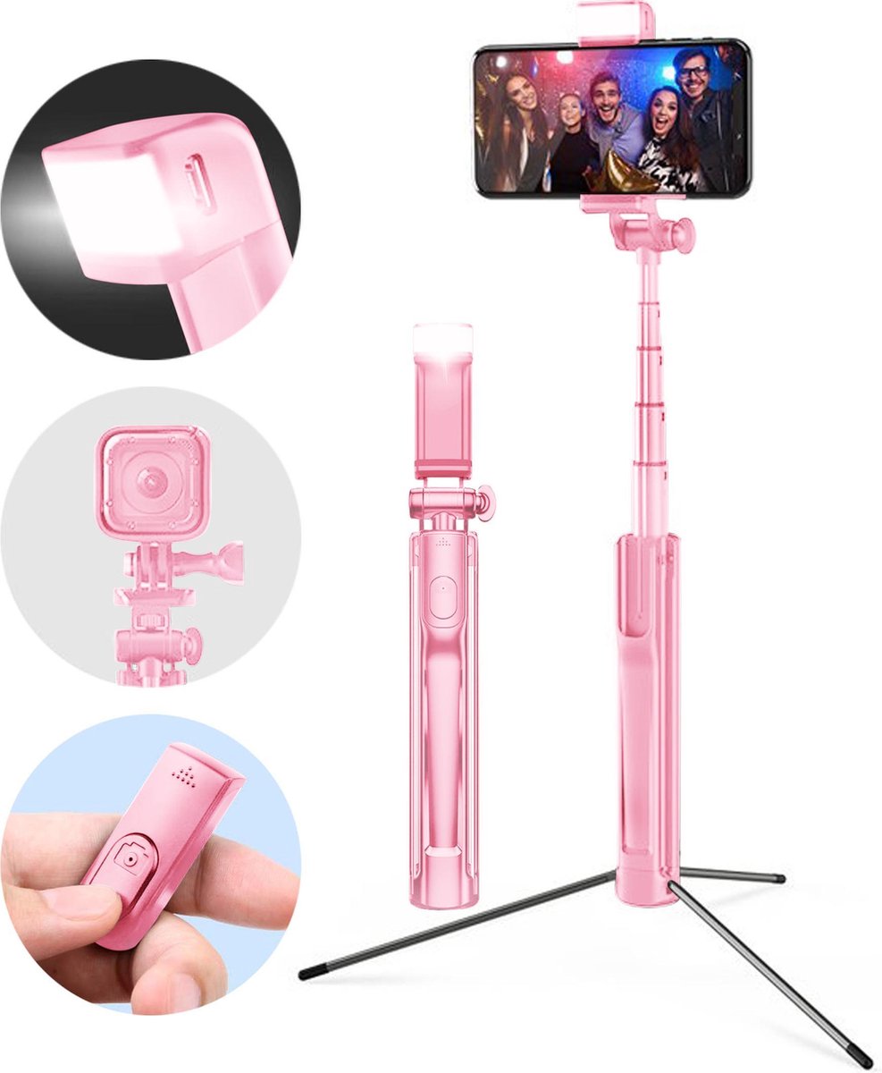 Selfie Stick Tripod - Statief Smartphone - Telefoon - Bluetooth - Roze - Incl. Afstandsbediening & LED Licht (3 in 1)