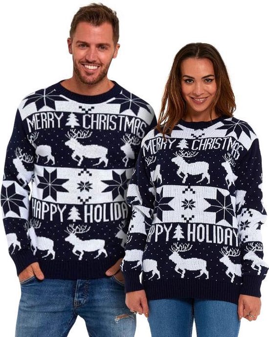 Foute Kersttrui Dames & Heren - Christmas Sweater "Merry Christmas, Happy Holidays" - Kerst trui Mannen & Vrouwen Maat XL