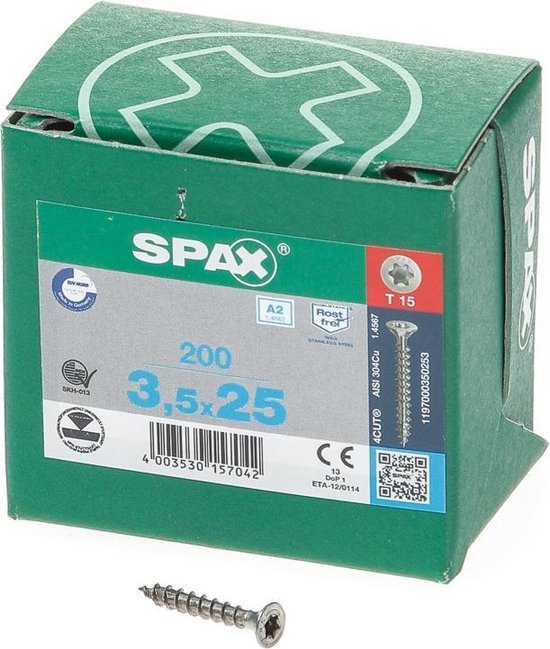 SPAX 1197000350253 Roestvaststalen schroef, Verzonken kop, 3.5 x 25, Voldraad, T-STAR plus T15 - blank - 200 stuks
