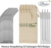 Bindy's 50 RVS Rietjes - Horeca Grootverpakking - Gebogen Model - Catering – Restaurants - Incl. 12 Schoonmaak Borstels En 4 Linnen Bewaarzakjes 50 Stuks Zakje