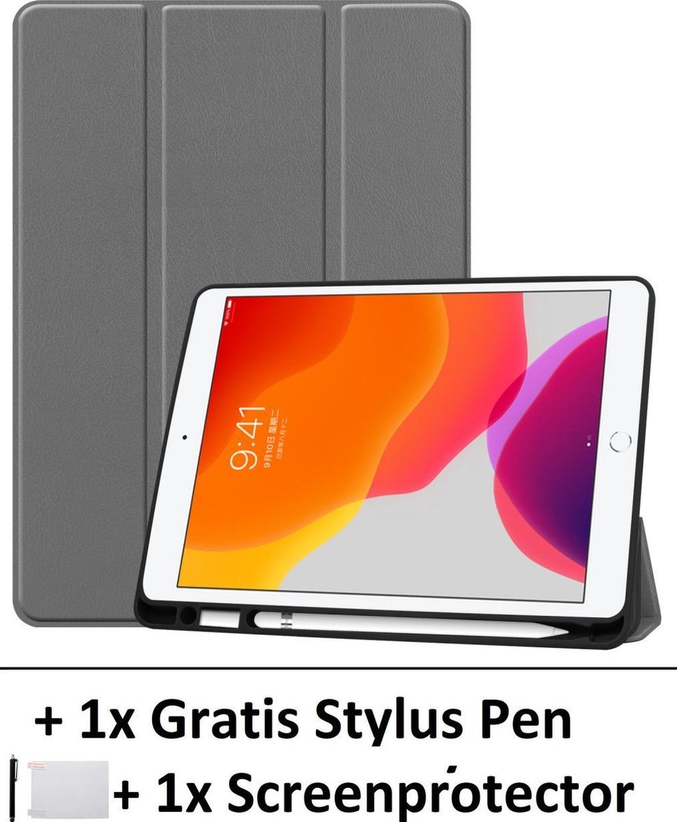 Smart Cover Book Case Hoes Geschikt Voor Apple iPad 10,2 Inch (2019/2020) - Tri-Fold Multi-Stand Flip Sleeve - Beschermhoes Met Screen Protector & Stylus Pen - Grijs