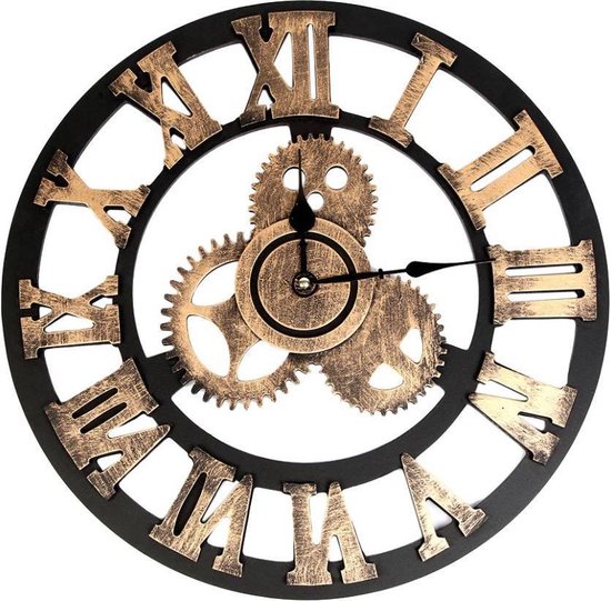 QUVIO Industriële houten wandklok / Romeinse cijfers / Klok / Muurklok / Diameter van 45cm - Bruin en brons