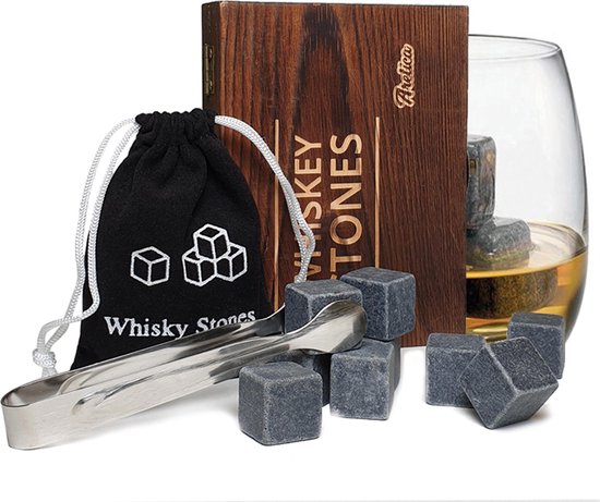 Aretica Whiskey Stones Gift box / Voor een echte whiskey on the rocks / Herbruikbare natuurstenen ijsblokjes / Ice cubes / Cadeau set in houten doosje / Ijsklontjes van steen - Set van 9 stuks