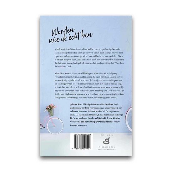 De achterkant van het boek 'Worden wie ik echt ben' met tekst, een fiets met bloemen en een barcode.