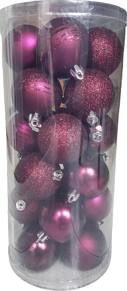 Totally Christmas | Kerstbal 6 cm | Kerstballen | Mix Koker | Mat - Glanzend - Glitter | 24 stuks | Wijnrood