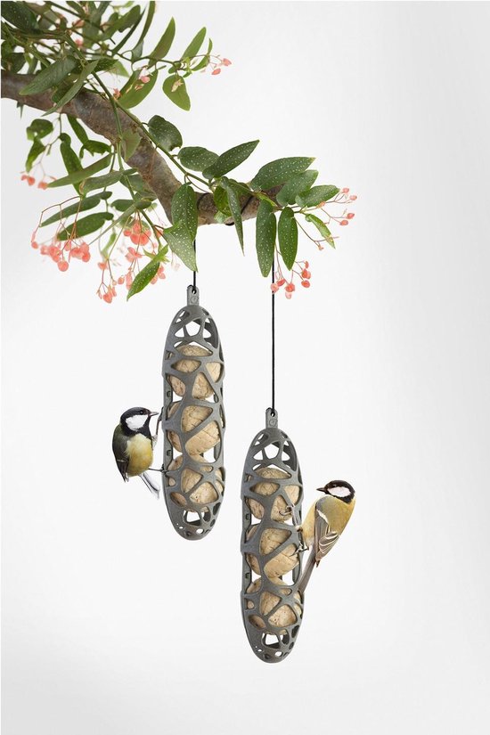 Twee koolmezen op twee grijze, opengewerkte vogelvoederhouders hangend aan een tak met roze bloesems.