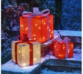 Kerstverlichting | Set van 3 verlichte geschenken rood & zilver | Kerstversiering met LED licht