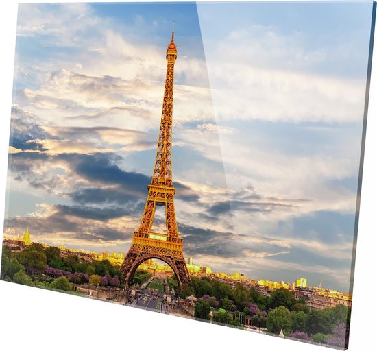 Schilderij - Eiffeltoren Parijs Aan De Muur - Groen En Geel - 40 X 60 Cm Eiffeltoren | Parijs | Plexiglas | Foto Op Plexiglas | Wanddecoratie | 60 Cm X 40 Cm | Schilderij | Aan De Muur