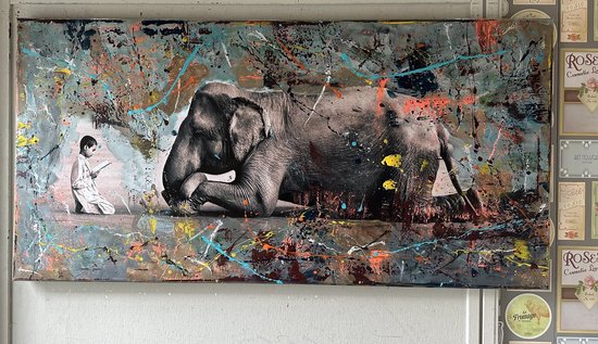Schilderij- Olifant en kind- Mixed Media- Katoenen canvasdoek- 70x140 cm,3D